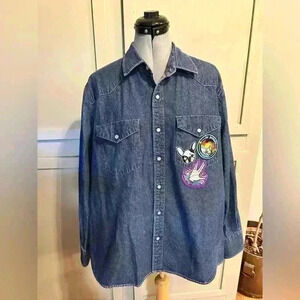 Cowboy Work Wear Denim Pearl Snap Shirt Men Size XXL Blue Long Sleeve PATCHES